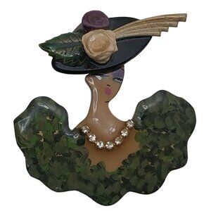 Lady Head Brooch Pin Silhouette Vintage Rhinestone & Floral Hat Wooden Laquer